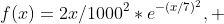 f(x)=2x/1000^{2}*e^{-(x/7)^{2}}, 