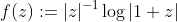 f(z):=|z|^{-1}\log|1+z|