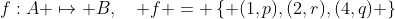 f:A \mapsto B,\quad f = \left\{ {(1,p),(2,r),(4,q)} \right\}