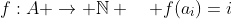f:A \to \mathbb{N} \quad f(a_i)=i