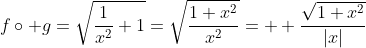 f\circ g=\sqrt{\frac{1}{x^2}+1}=\sqrt{\frac{1+x^2}{x^2}}=  \frac{\sqrt{1+x^2}}{|x|}