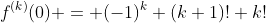 f^{(k)}(0) = (-1)^k (k+1)! k!