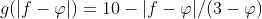 g(|f-\varphi|)=10-|f-\varphi|/(3-\varphi)