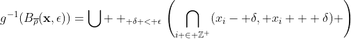 g^{-1}(B_{\overline{\rho}}(\bold{x},\epsilon))=\bigcup  _{ \delta < \epsilon}\left(\bigcap_{i \in \mathbb{Z}^+}(x_i- \delta, x_i + \delta) \right)