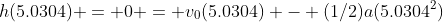h(5.0304) = 0 = v_0(5.0304) - (1/2)a(5.0304^2)