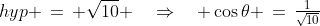 hyp \,=\, \sqrt{10} \quad\Rightarrow\quad \cos\theta \,=\,\tfrac{1}{\sqrt{10}}