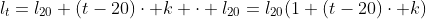 l_t=l_{20}+(t-20)\cdot k \cdot l_{20}=l_{20}(1+(t-20)\cdot k)