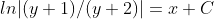 ln|(y+1)/(y+2)|=x+C