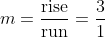 m=\dfrac{\text{rise}}{\text{run}}=\dfrac{3}{1}