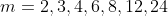 m=2,3,4,6,8,12,24