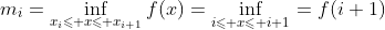 m_i=\inf_{x_i\leqslant x\leqslant x_{i+1}}f(x)=\inf_{i\leqslant x\leqslant i+1}=f(i+1)