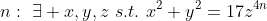 n:\,\,\exists x,y,z\,\,s.t.\,\,x^2+y^2=17z^{4n}