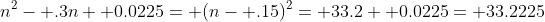 n^2- .3n+ 0.0225= (n- .15)^2= 33.2+ 0.0225= 33.2225