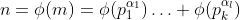 n=\phi(m)=\phi(p_1^{\alpha_1})\hdots \phi(p_k^{\alpha_l})