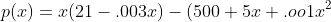 p(x)=x(21-.003x)-(500+5x+.oo1x^2