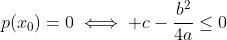 p\!\left(x_0\right)=0\iff c-\frac{b^2}{4a}\leq0