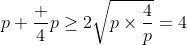 p+\frac 4p\geq2\sqrt{p\times\frac4p}=4