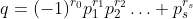 q=(-1)^{r_0}p_1^{r_1}p_2^{r_2}\ldots p_s^{r_s}