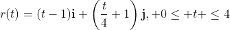 r(t)=(t-1)\mathbf{i}+\left(\frac{t}{4}+1\right)\mathbf{j}, 0\leq t \leq4