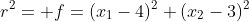 r^2= f=(x_1-4)^2+(x_2-3)^2