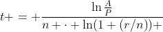 t = \frac{\ln{\frac{A}{P}}}{n \cdot \ln({1+(r/n)}) }