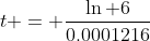t = \frac{\ln 6}{0.0001216}