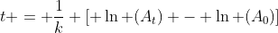 t = \frac{1}{k} \left[ \ln (A_t) - \ln (A_0)\right]