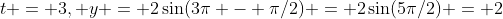 t = 3, y = 2\sin(3\pi - \pi/2) = 2\sin(5\pi/2) = 2
