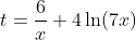 t=\frac{6}{x}+4\ln(7x)