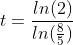 t=\frac{ln(2)}{ln(\frac{8}{5})}