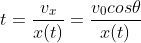 t=\frac{v_{x}}{x(t)}=\frac{v_{0}cos\theta}{x(t)}