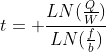 t= \frac{LN(\frac{Q}{W})}{LN(\frac{f}{b})}