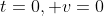 t=0, v=0