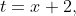 t=x+2,
