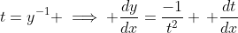 t=y^{-1} \implies \dfrac{dy}{dx}=\dfrac{-1}{t^2} \, \dfrac{dt}{dx}
