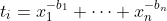 t_i=x_1^{-b_1}+\dots+x_n^{-b_n}