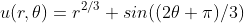 u(r,\theta)=r^{2/3} sin((2\theta+\pi)/3)
