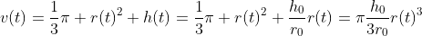 v(t)=\frac{1}{3}\pi r(t)^2 h(t)=\frac{1}{3}\pi r(t)^2 \frac{h_0}{r_0}r(t)=\pi\frac{h_0}{3r_0}r(t)^3