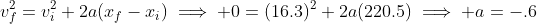 v_f^2=v_i^2+2a(x_f-x_i)\implies 0=(16.3)^2+2a(220.5)\implies a=-.6~\tfrac{m}{s^2}