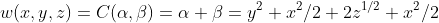w(x,y,z)=C(\alpha,\beta)=\alpha+\beta=y^2+x^2/2+2z^{1/2}+x^2/2