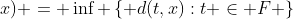 D(F;x) = \inf \left\{ {d(t,x):t \in F} \right\}