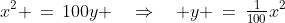 x^2 \,=\,100y \quad\Rightarrow\quad y \:=\:\tfrac{1}{100}x^2