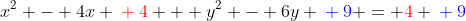 x^2 - 4x {\color{red}{}+4} + y^2 - 6y {\color{blue}{}+9} = {\color{red}4} {\color{blue}{}+9}
