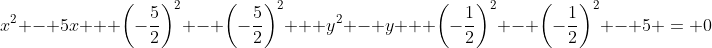 x^2 - 5x + \left(-\frac{5}{2}\right)^2 - \left(-\frac{5}{2}\right)^2 + y^2 - y + \left(-\frac{1}{2}\right)^2 - \left(-\frac{1}{2}\right)^2 - 5 = 0
