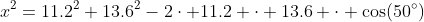 x^2=11.2^2+13.6^2-2\cdot 11.2 \cdot 13.6 \cdot \cos(50^\circ)