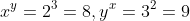 x^y=2^3=8,y^x=3^2=9