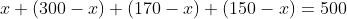 x+(300-x)+(170-x)+(150-x)=500