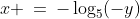 x \:=\:-\log_5(-y)