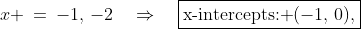 x \:=\:-1,\,-2\quad\Rightarrow\quad\boxed{\text{x-intercepts: }(-1,\,0),\;(-2,\,0)}