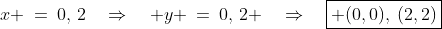 x \:=\:0,\,2\quad\Rightarrow\quad y \:=\:0,\,2 \quad\Rightarrow\quad\boxed{ (0,0),\:(2,2)}